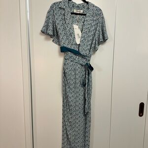 NWT - Rare! Diane Von Furstenberg Blue and White Geometric Jumpsuit - size 10